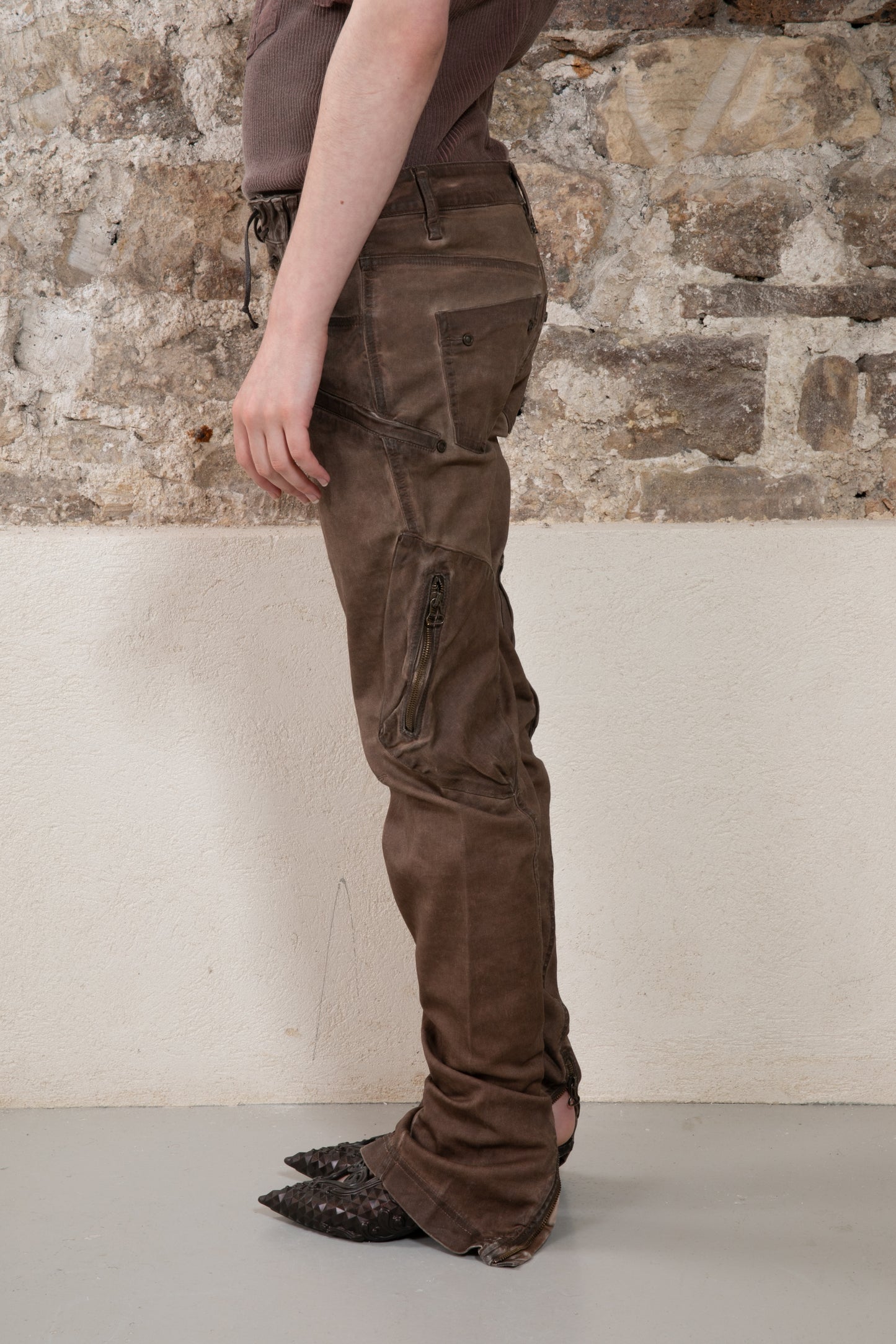 Plein Sud - Low-waist Tobacco Trousers w/ Laces & Zippers details