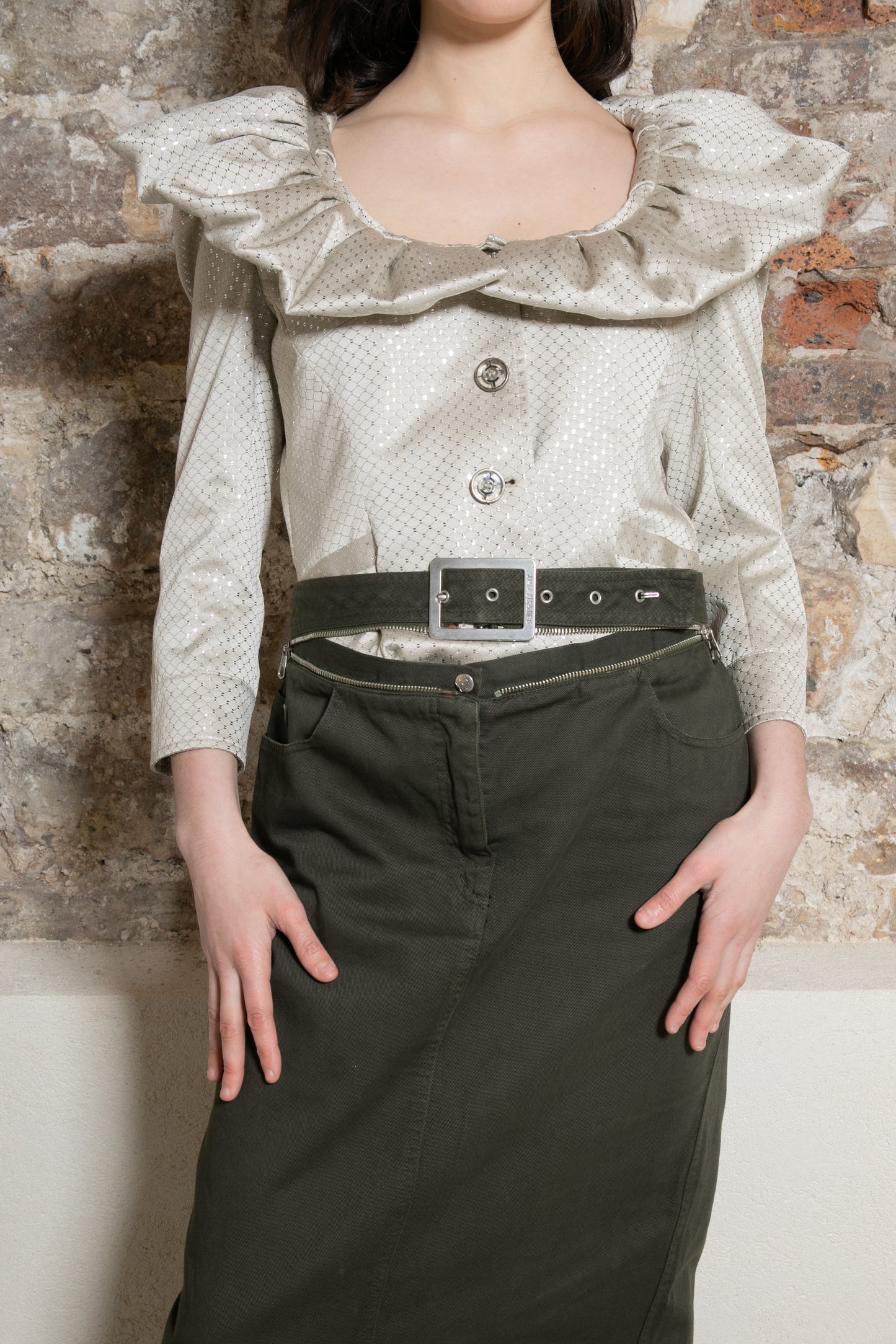 JPG Jean's - Maxi-long Kaki Skirt w/ Back Slit & Zipper Belt