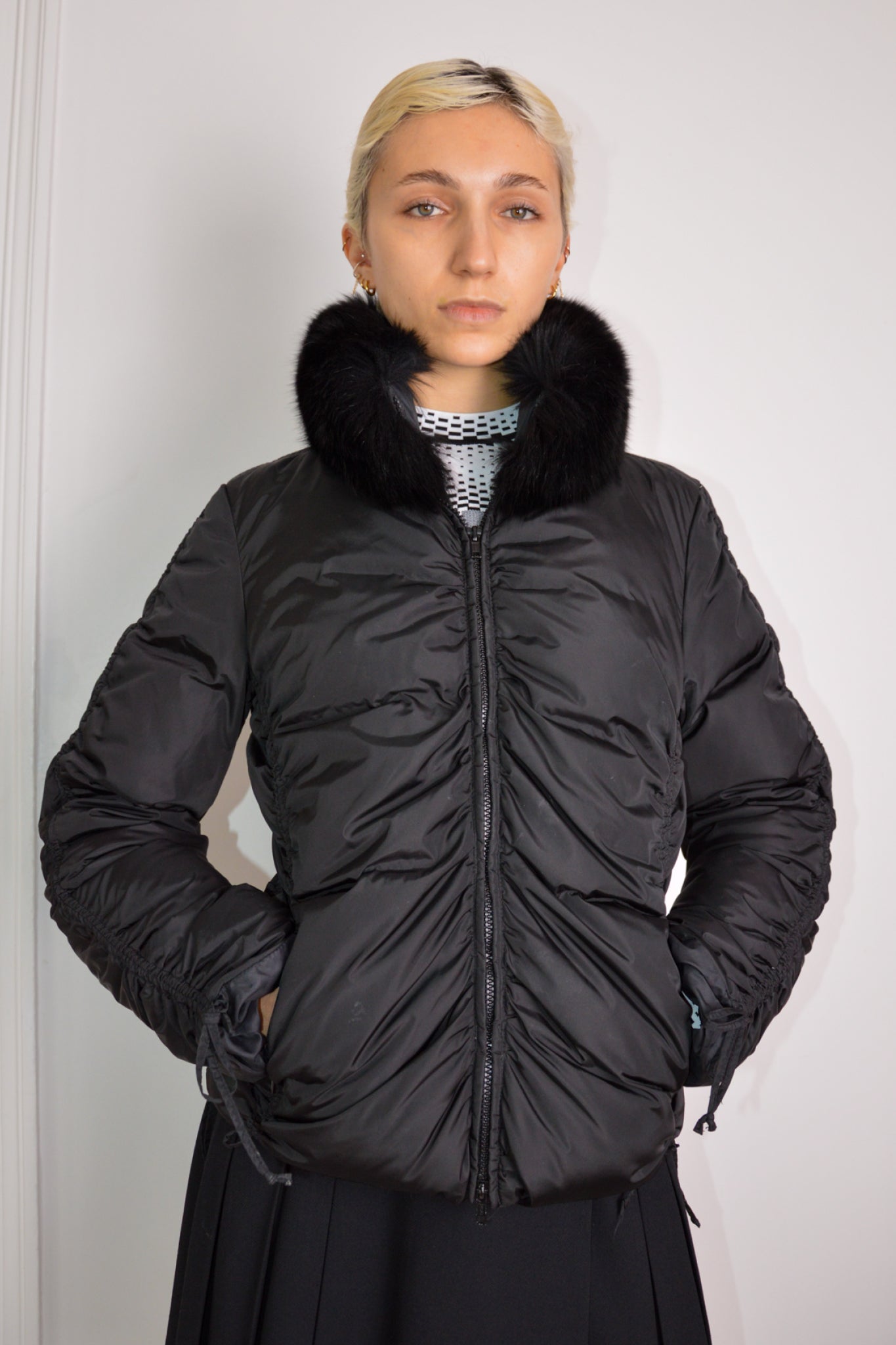 vintage blumarine studio photography faux fur large collar short puffer jacket black