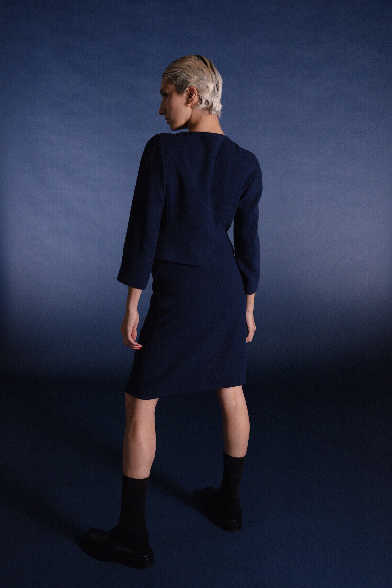 courrèges navy skirt suit vintage studio photography short blond hair