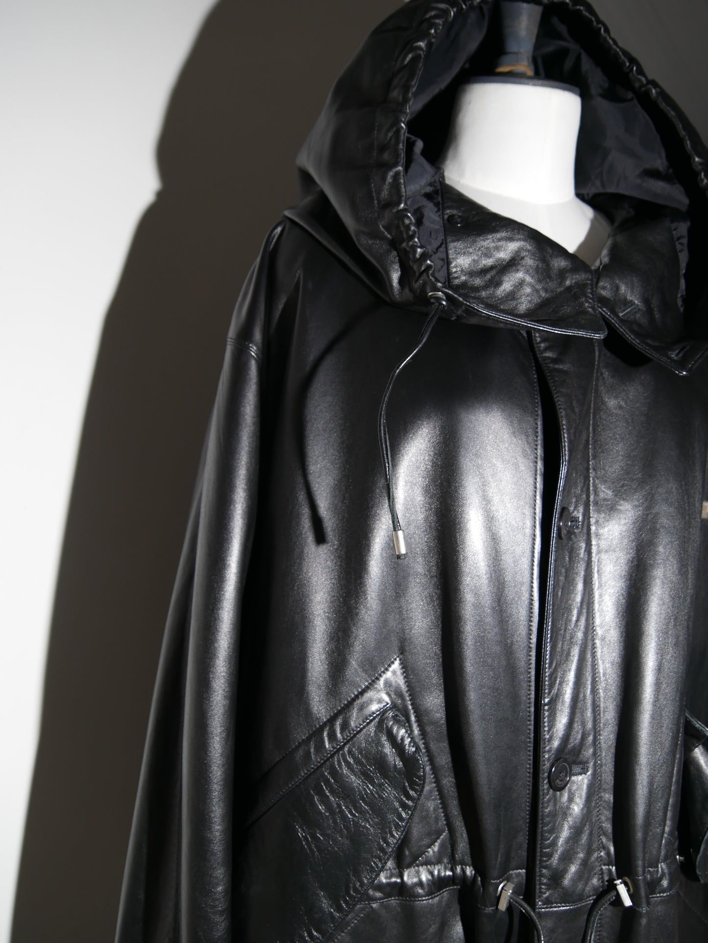 Versace - Gianni Versace - 80's Black Leather Long Hooded Coat