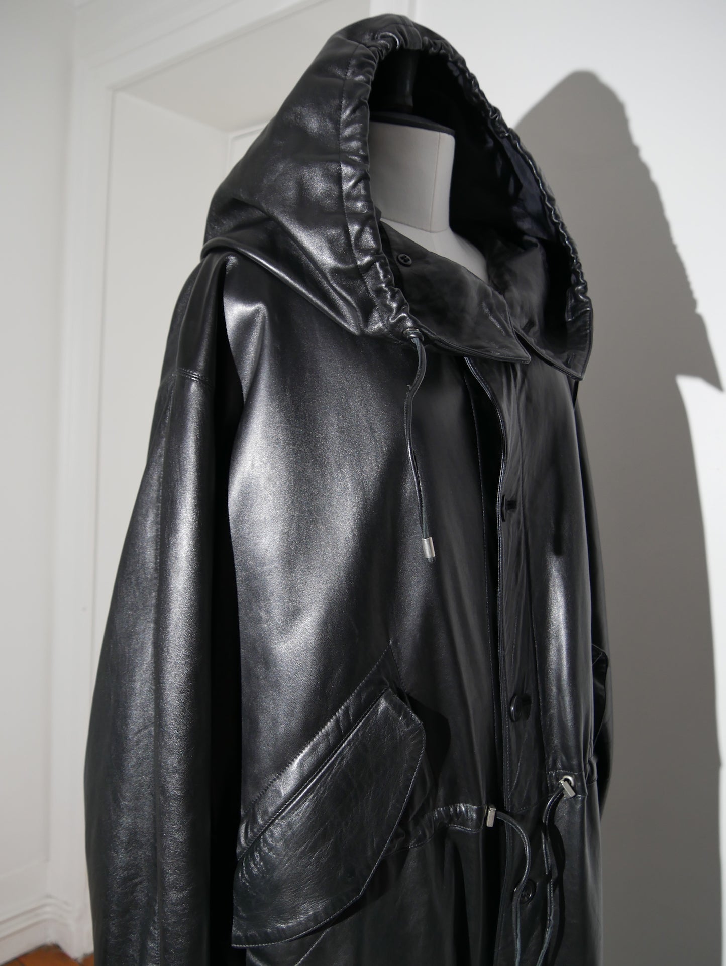 Versace - Gianni Versace - 80's Black Leather Long Hooded Coat
