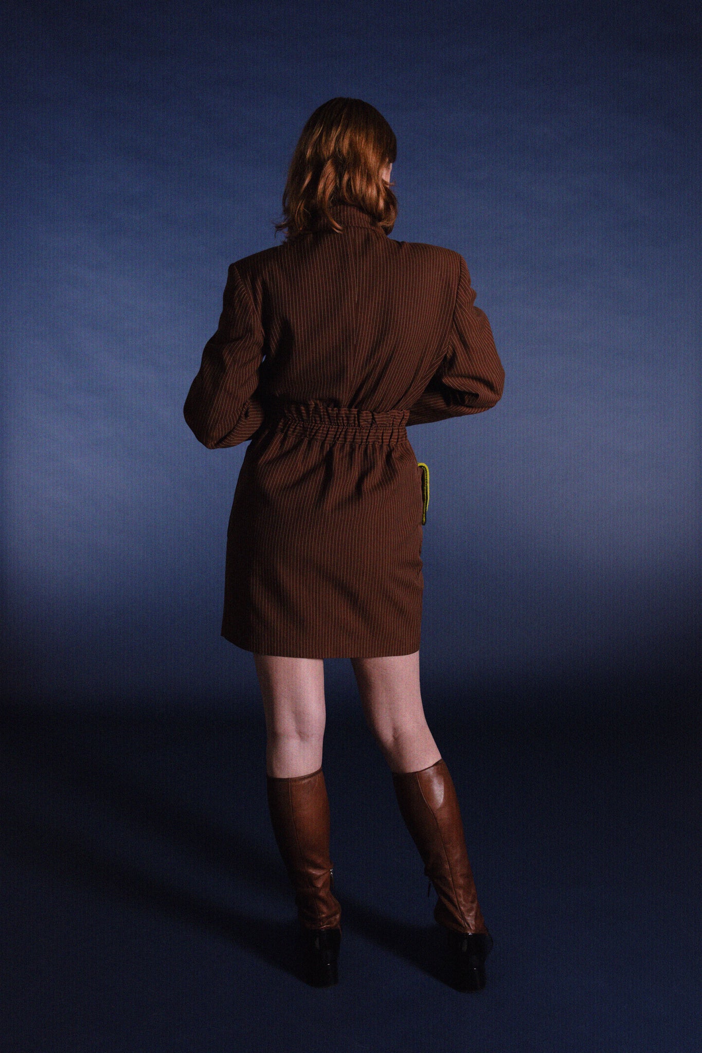 vintage studio photography junior jean paul gaultier redhead brown stripe short skirt suit elastic waist 90s 80s