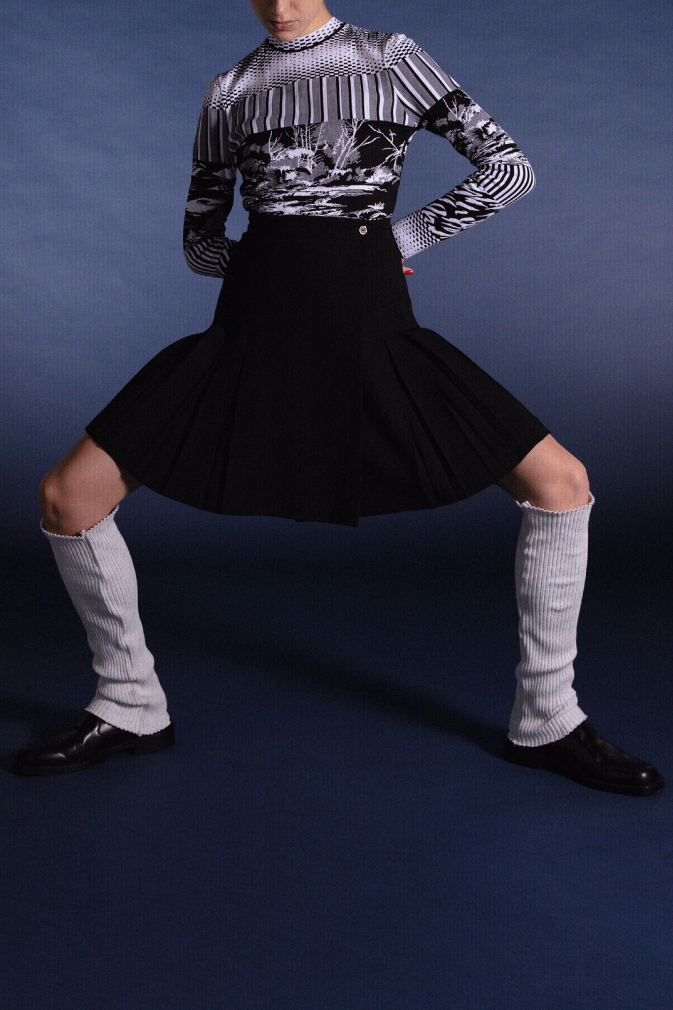 studio photography fashion vintage balenciaga nicolas ghesquière knit black white top state of claude montana pleated skirt blond short hair 2014 AW leather mules demna gvasalia gêtres