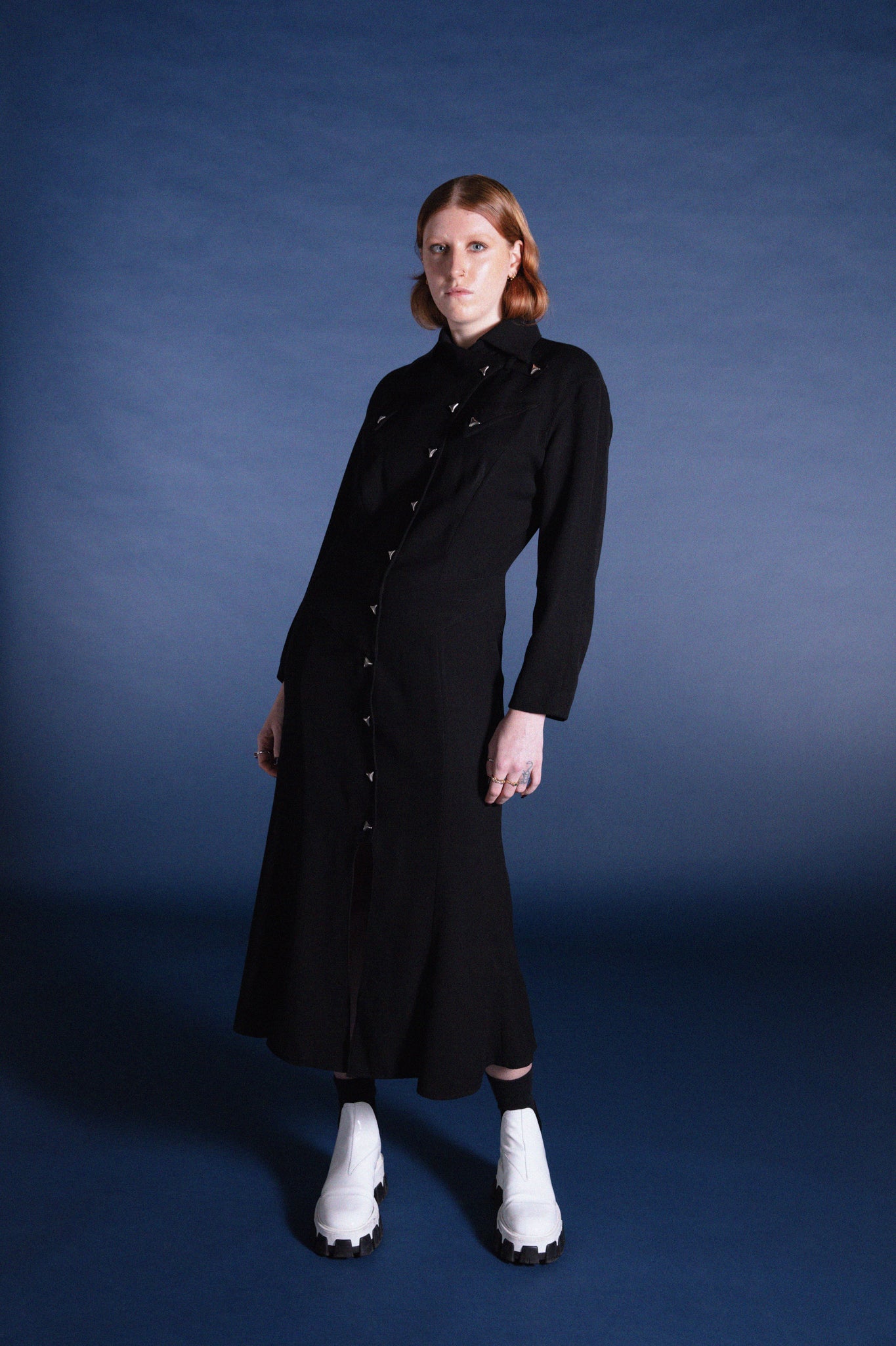 thierry mugler activ long dress jacket prada monolith white boot redhead fashion studio photography vintage