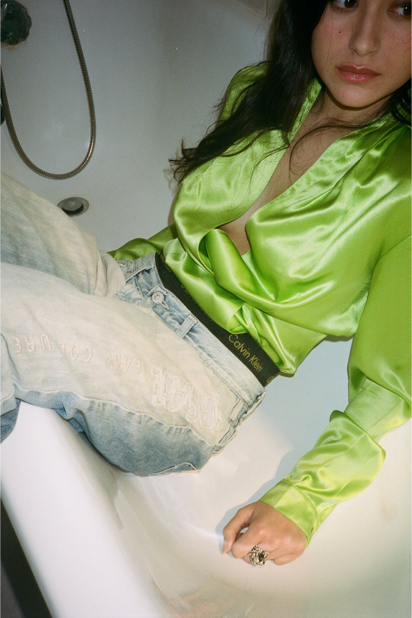 vintage thierry mugler couture lime green silk blouse versace jeans denim bathtub analog fashion photography 