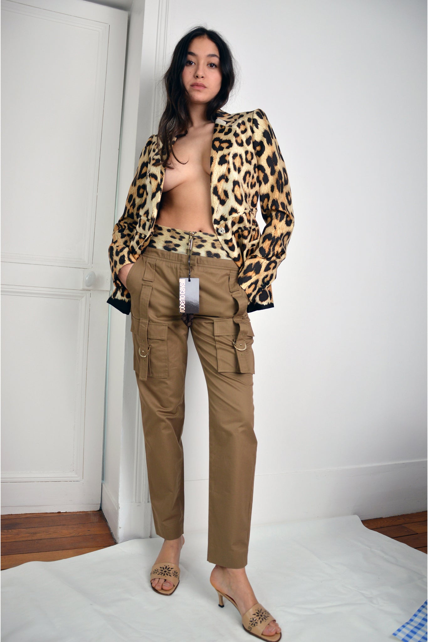 roberto cavalli leopoard print silk jacket cargo trousers pants two pieces suit vintage y2k 90s 00s