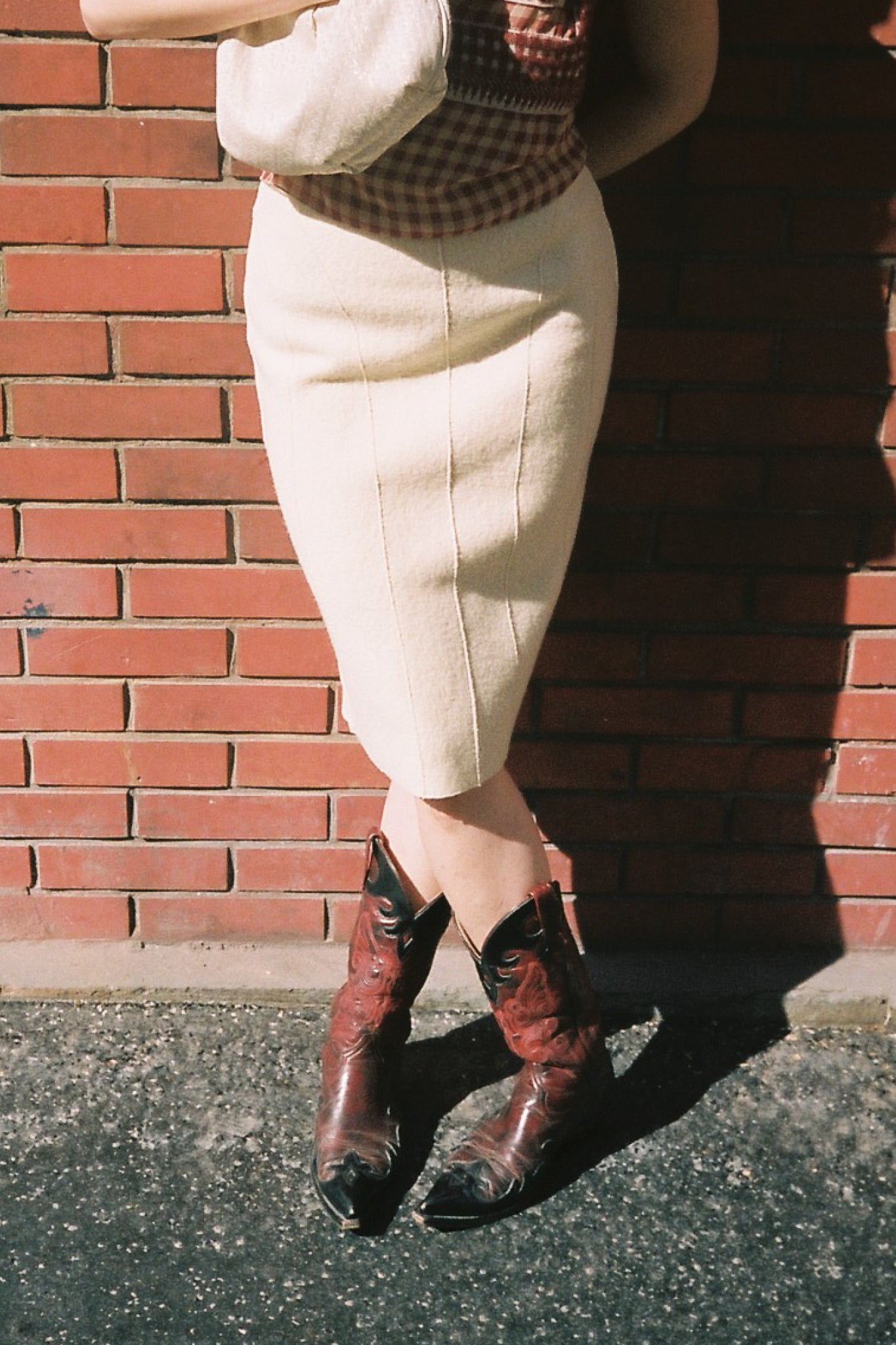 chanel vintage cream pencil wool skirt red brown santiags brick wall paris analog photography