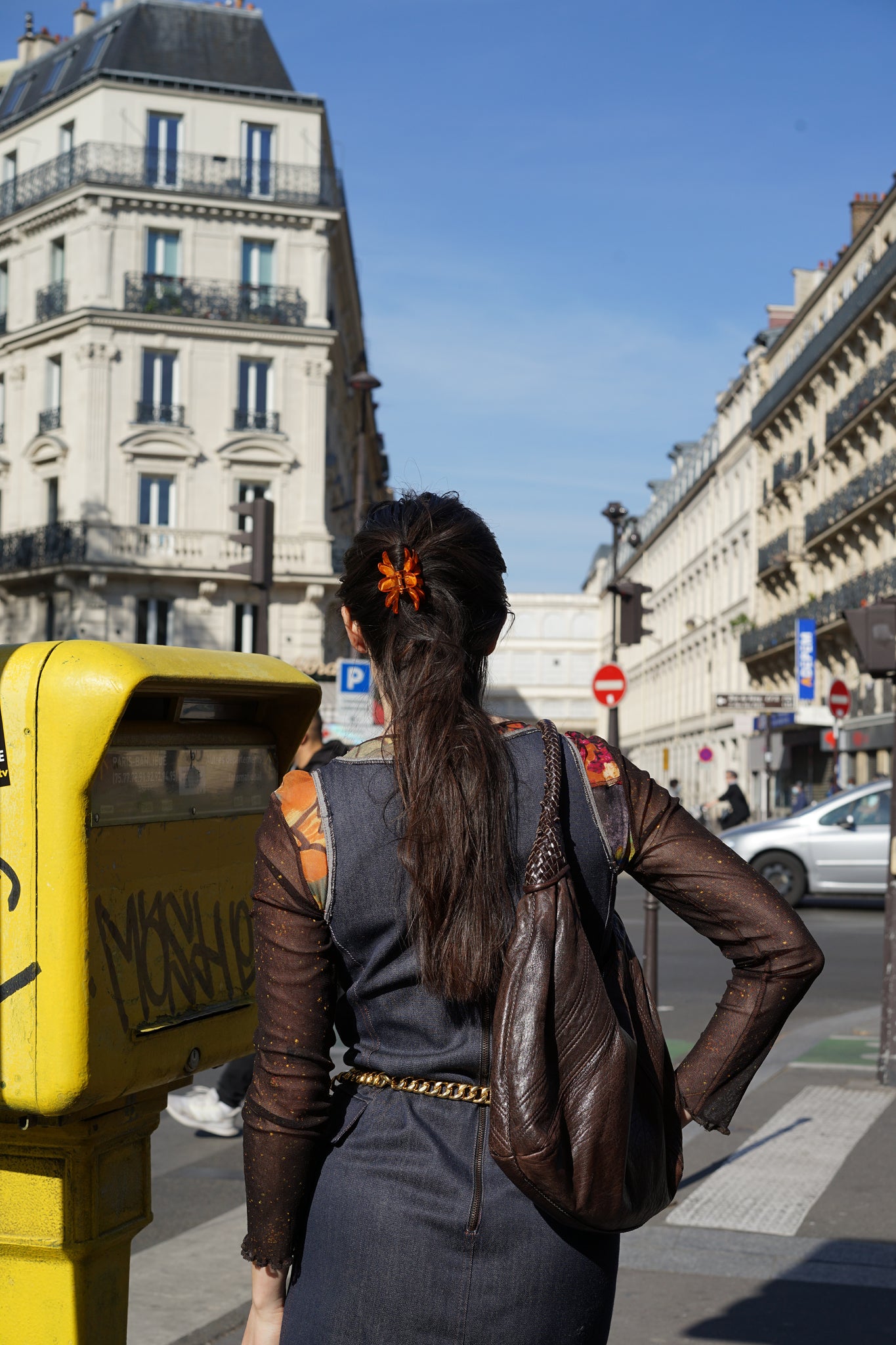 paris vintage 90s fashion analog photography yellow letter box fendi spy bag jan paul gaultier denim dress kenzo mesh top