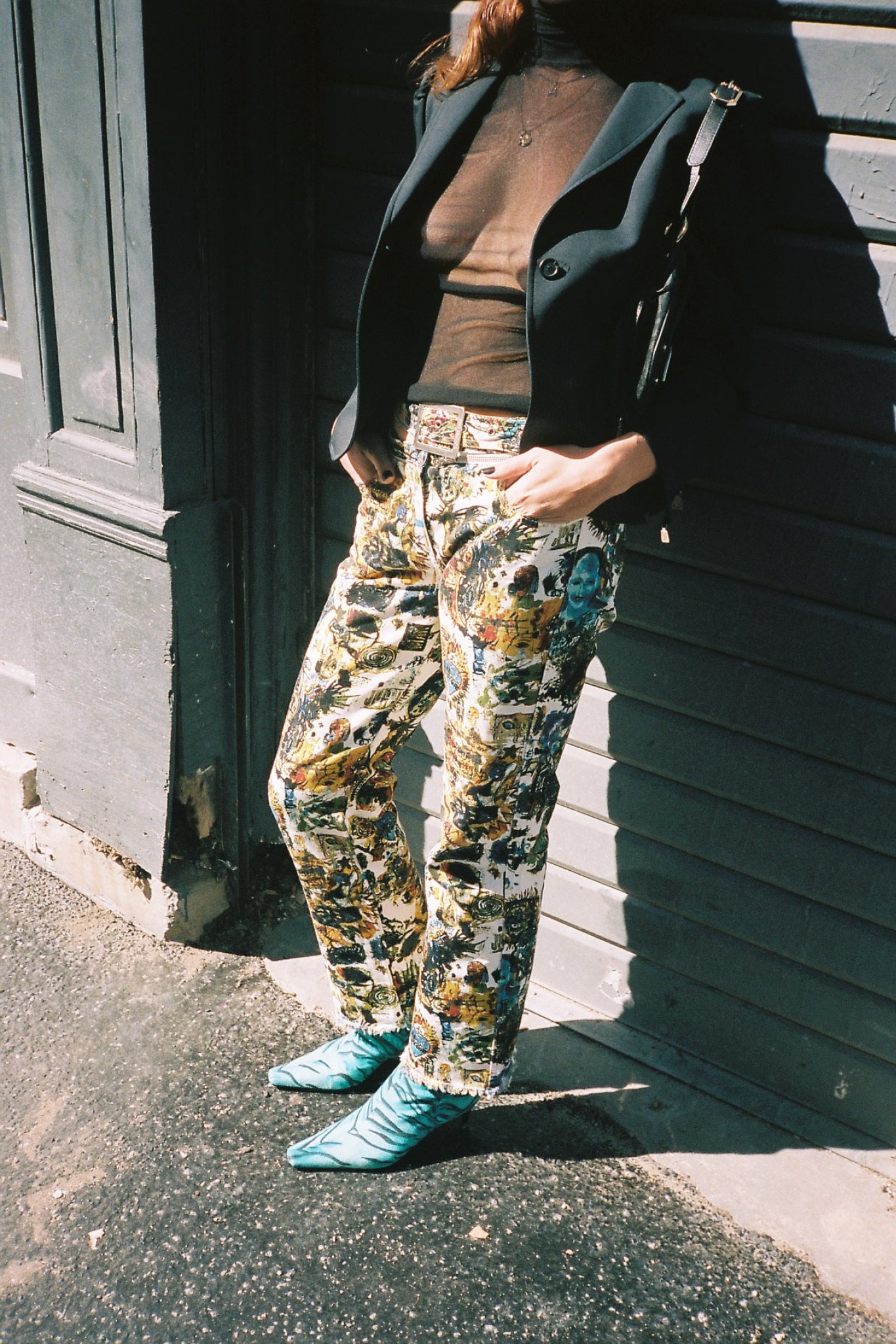 vintage jean paul gaultier print trousers pants SS2000 basquiat jeans denim versace jeans couture electric blue zebra boots black mesh top analog photography paris