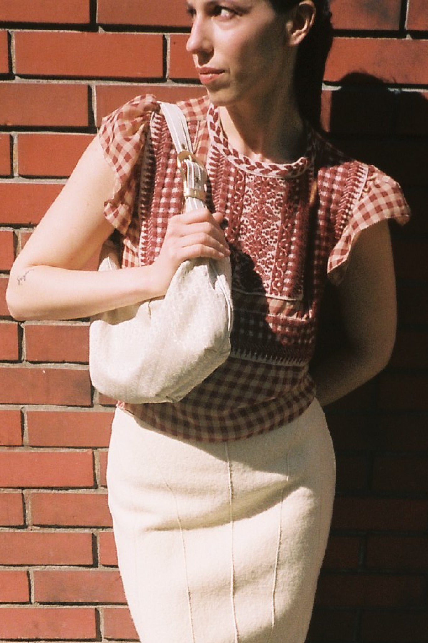 Jean Paul Gaultier mesh rust crop top dior saddle buckle baguette bag brick wall analog photography paris chanel cream pencil skirt 