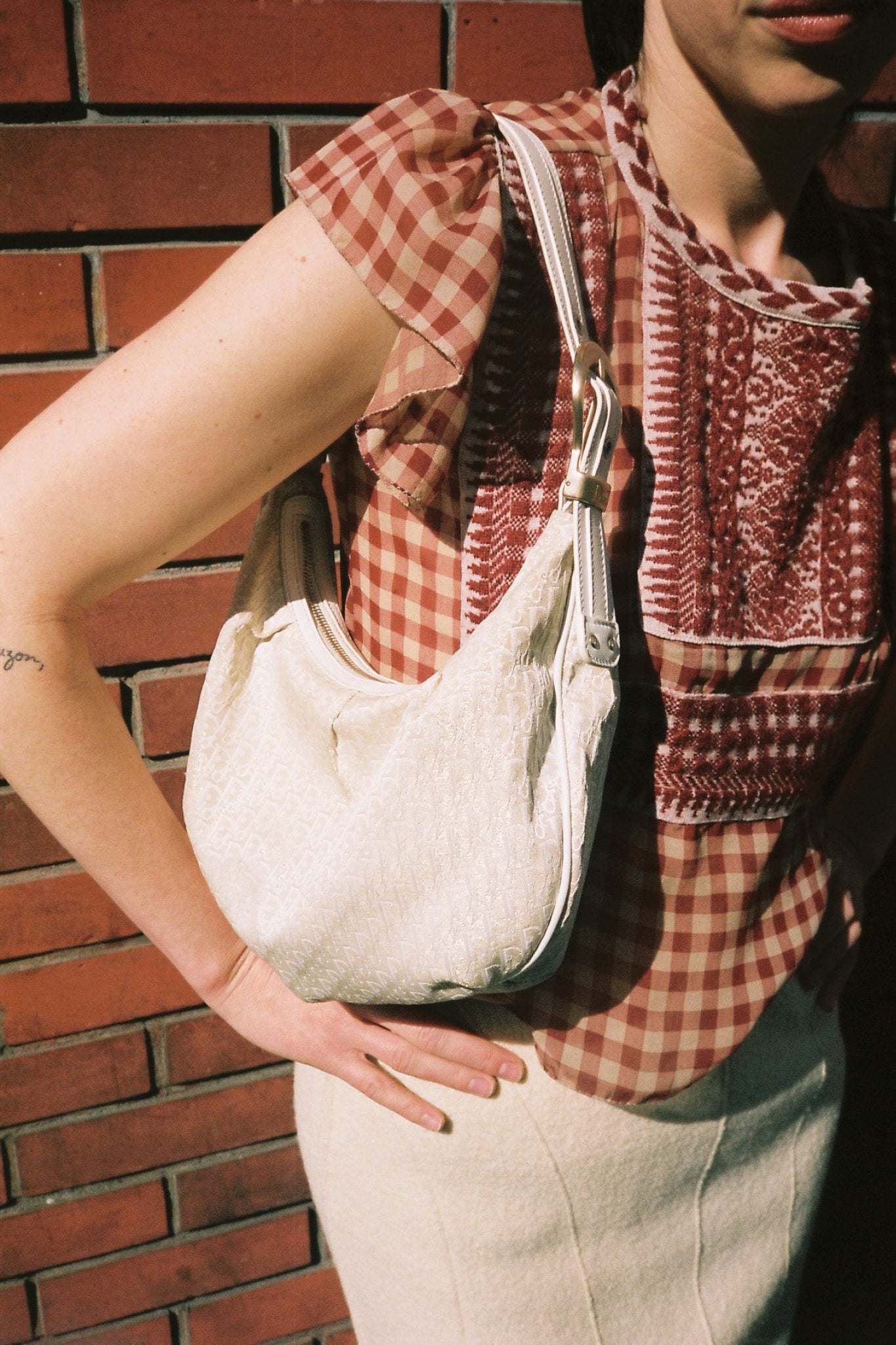 Jean Paul Gaultier mesh rust crop top dior saddle buckle baguette bag brick wall analog photography paris chanel cream pencil skirt 