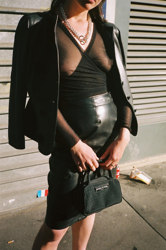 Loewe black leather skirt suit mesh top paris analog fashion photography mini bag sonia rykiel vintage