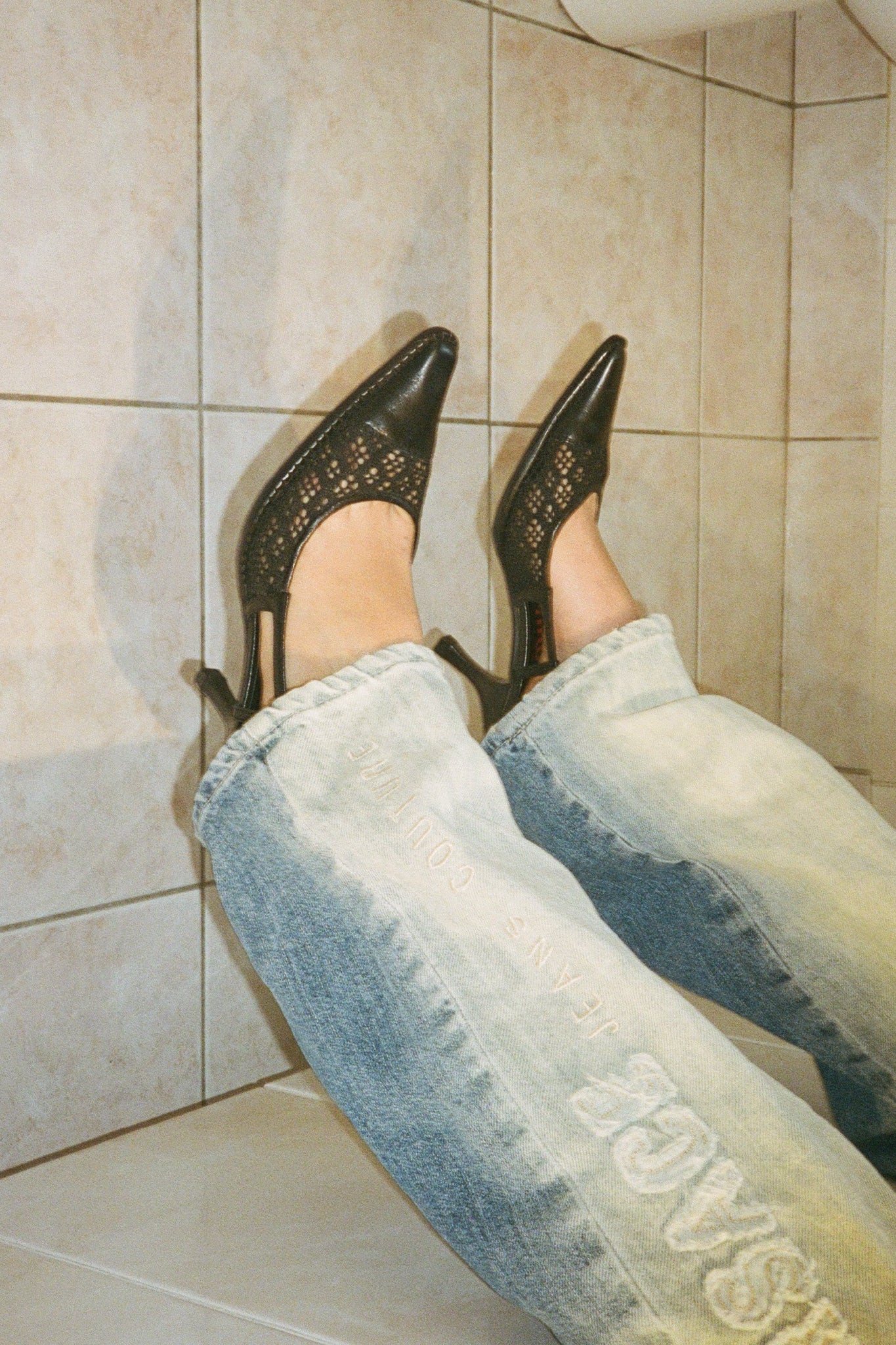 miu miu 2000 00s sling back sandals black versace denim jeans analog fashion photography bathroom vintage pointed heel