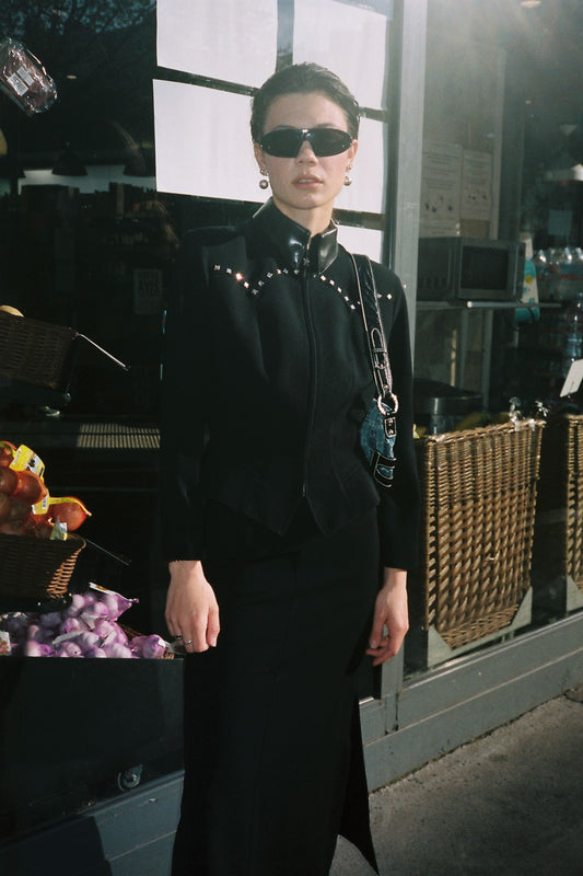 thierry mugler vintage black skirt suit paris analog fashion photography dior sunglasses guess denim bag